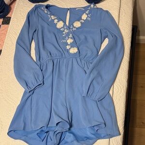 Blue Long Sleeve Dress with Floral Embroidery